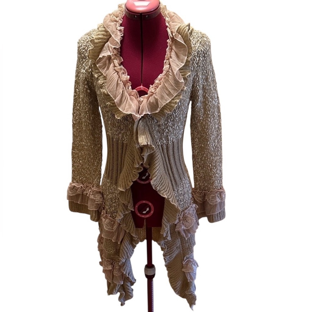 Gorgeous Beige Ruffled Knit Cardigan Sweater Mid-Thigh Boho Fringe Open Front - Picture 3 of 11